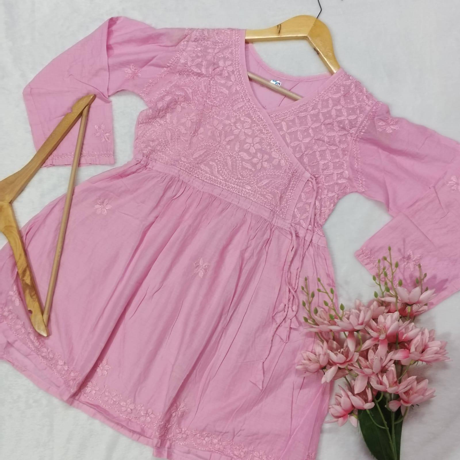 DOBBY COTTON CHIKANKARI 
SHORT ANGARAKHA GOWN - BABY PINK COLOUR - chikankaar