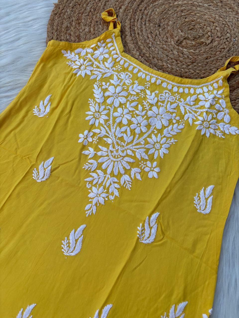 Ayla Rayon Handwork Chikankari Noodle Strap Short Kurti - Yellow colour
