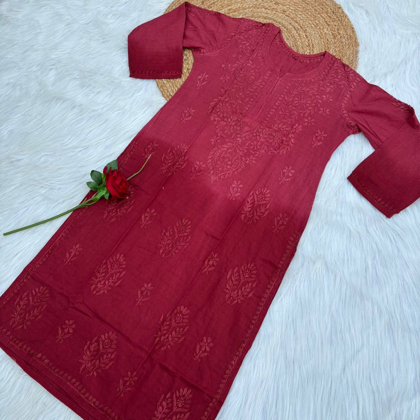 Tuba Ombre Shaded Dobby Cotton Chikankari Kurti - Brick Red Colour