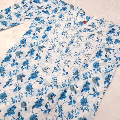 Printed Cotton Chikankari Machine Work Kurti Plazo Set - Sky Blue Colour (Free Earrings!)