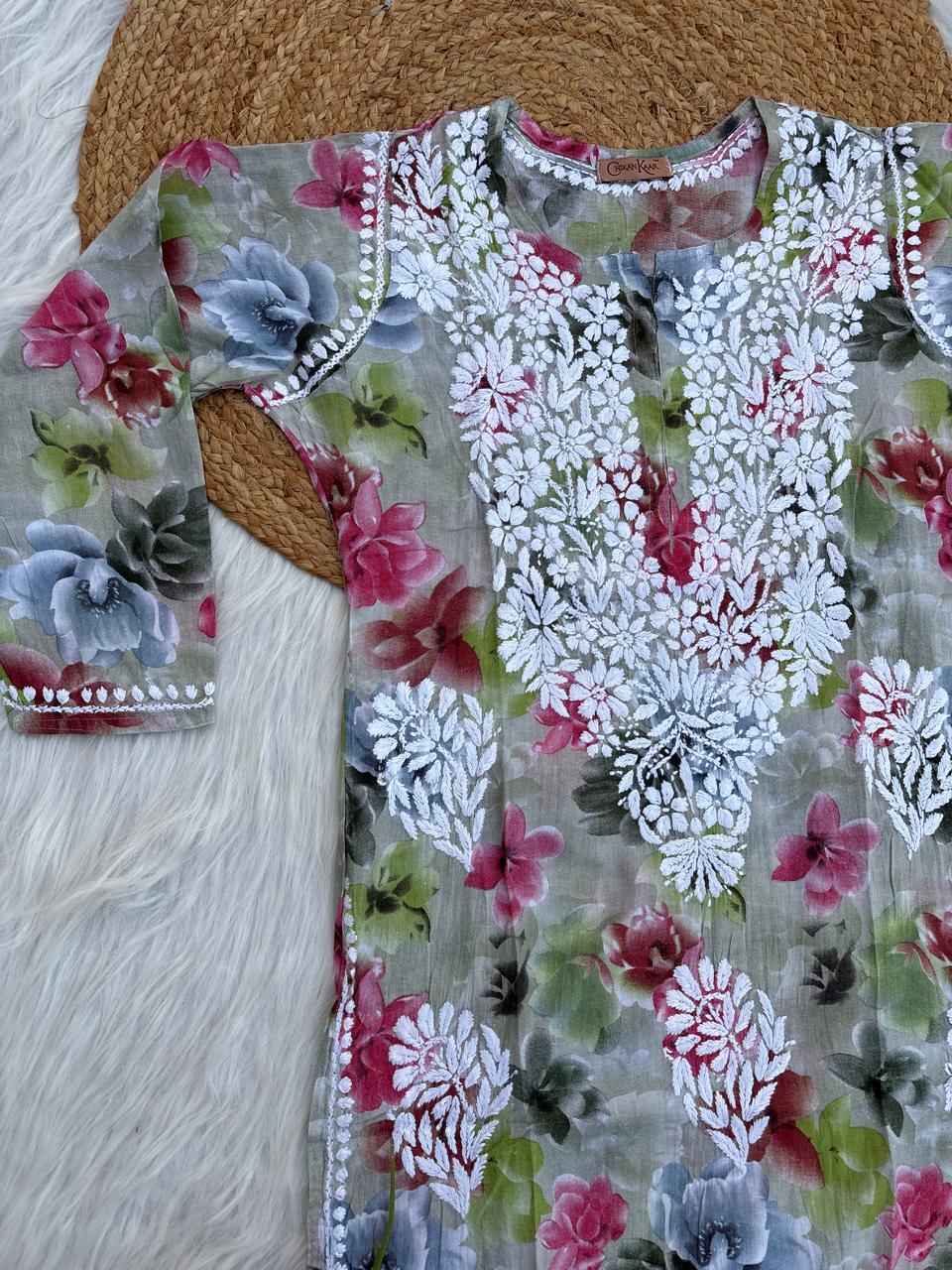 Najma Pure Mulmul Chikankari Handwork Kurti - Parrot Green Colour