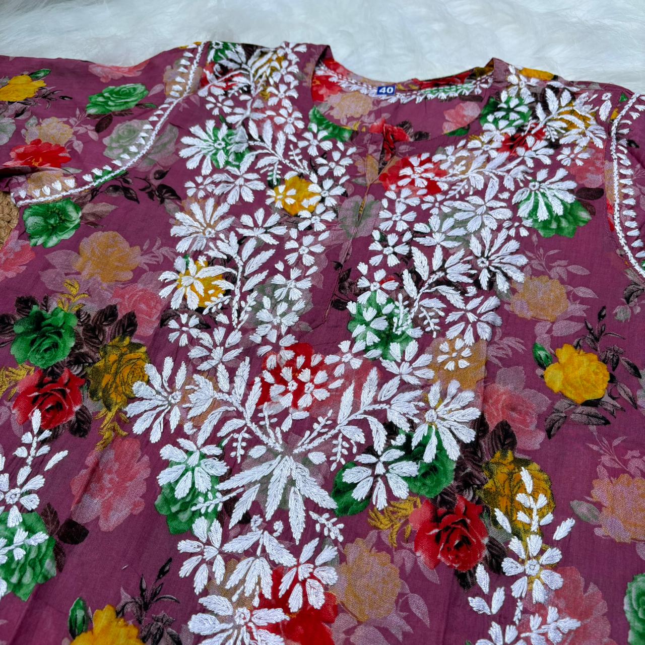 Dhanashree Inspired Mulmul Floral Printed Chikankari Handwork Kurti -Fuschia Colour