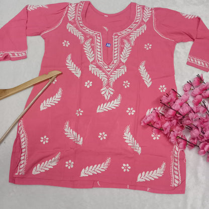 Inaya Rayon Chikankari Handwork Short Kurti -Peach  colour