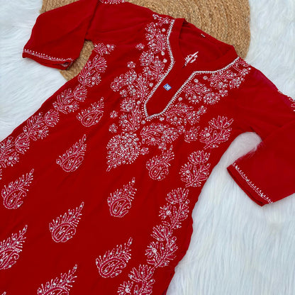 Stone Work Georgette Chikankari Kurti - Red Colour - Chikankaar
