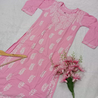 Boat Neck Rayon Chikankari Kurti -Baby Pink