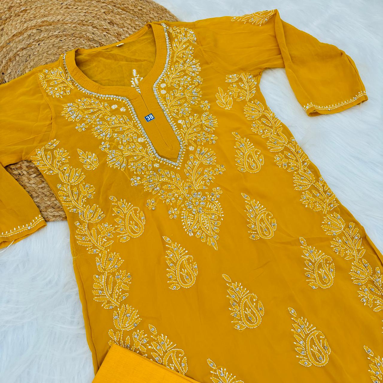 Stone Work Georgette Chikankari Kurti -Mustard Colour