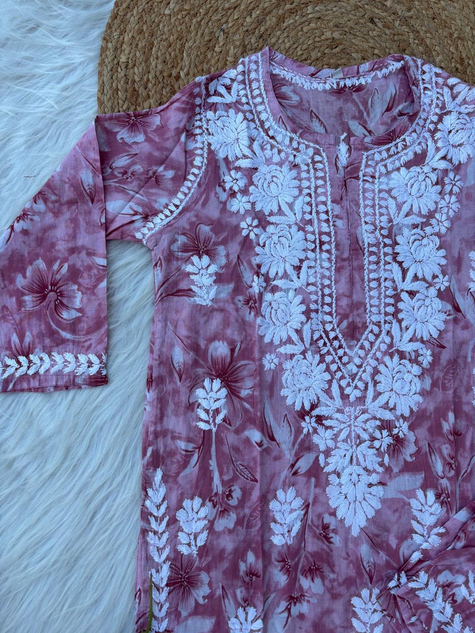 Shazia Mulmul Cotton Chikankari Kurti Set - Pink Colour