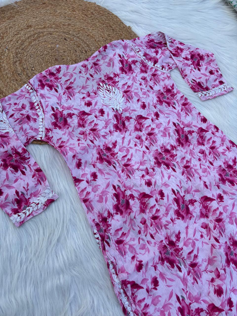 Hadaya Mulmul Cotton Chikankari Kurti Set -Pink Colour