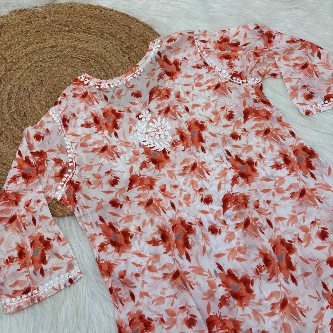 Amara Pure Mulmul Chikankari  Handwork Kurti -Orange Colour