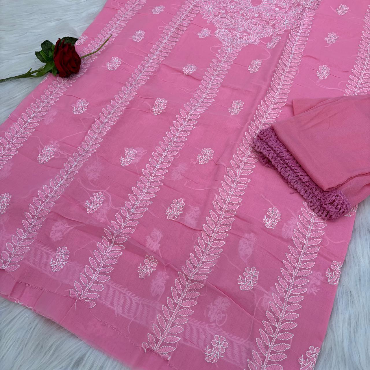 Madhuri Voile Cotton Chikankari Unstitched 3 pc set - Pink Colour