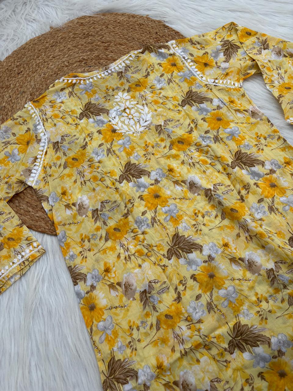 Alina Pure Mulmul Chikankari Handwork Kurti - Yellow Colour