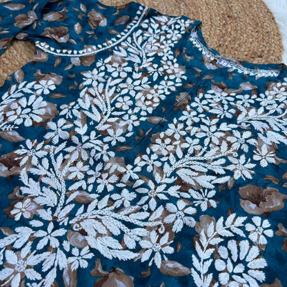 Sana Pure Mulmul Chikankari Handwork Kurti -Sea Green Colour