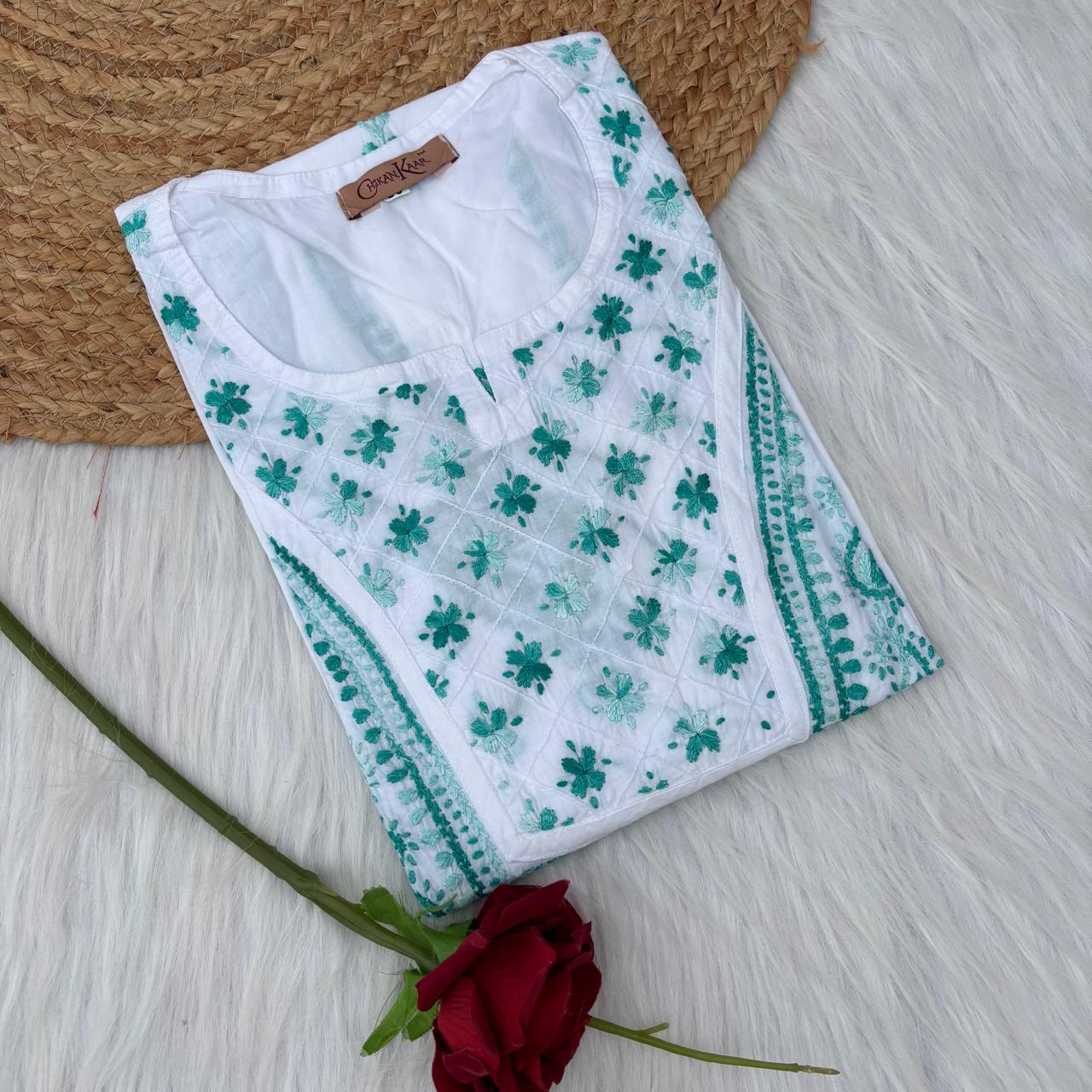Zoya Cotton Lucknowi Chikankari Kurti - White Sea Green Color