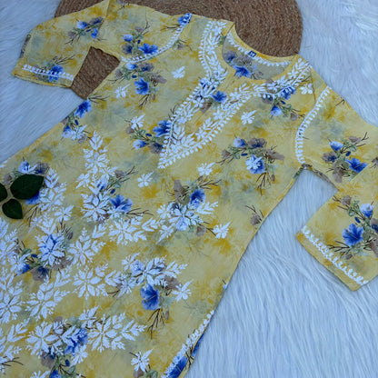 Rasha Pure Mulmul Chikankari Kurti - Yellow Colour
