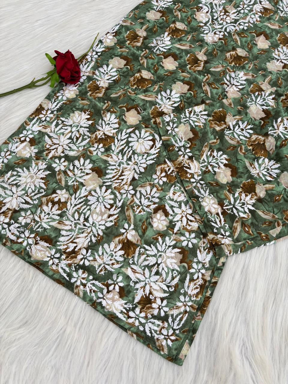 Elena Mulmul Cotton Handwork Chikankari Kurti Set - Dark Green Colour
