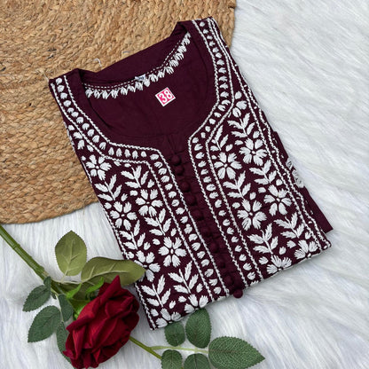 Shanaya Pure Cotton Chikankari Kurti Wine Colour