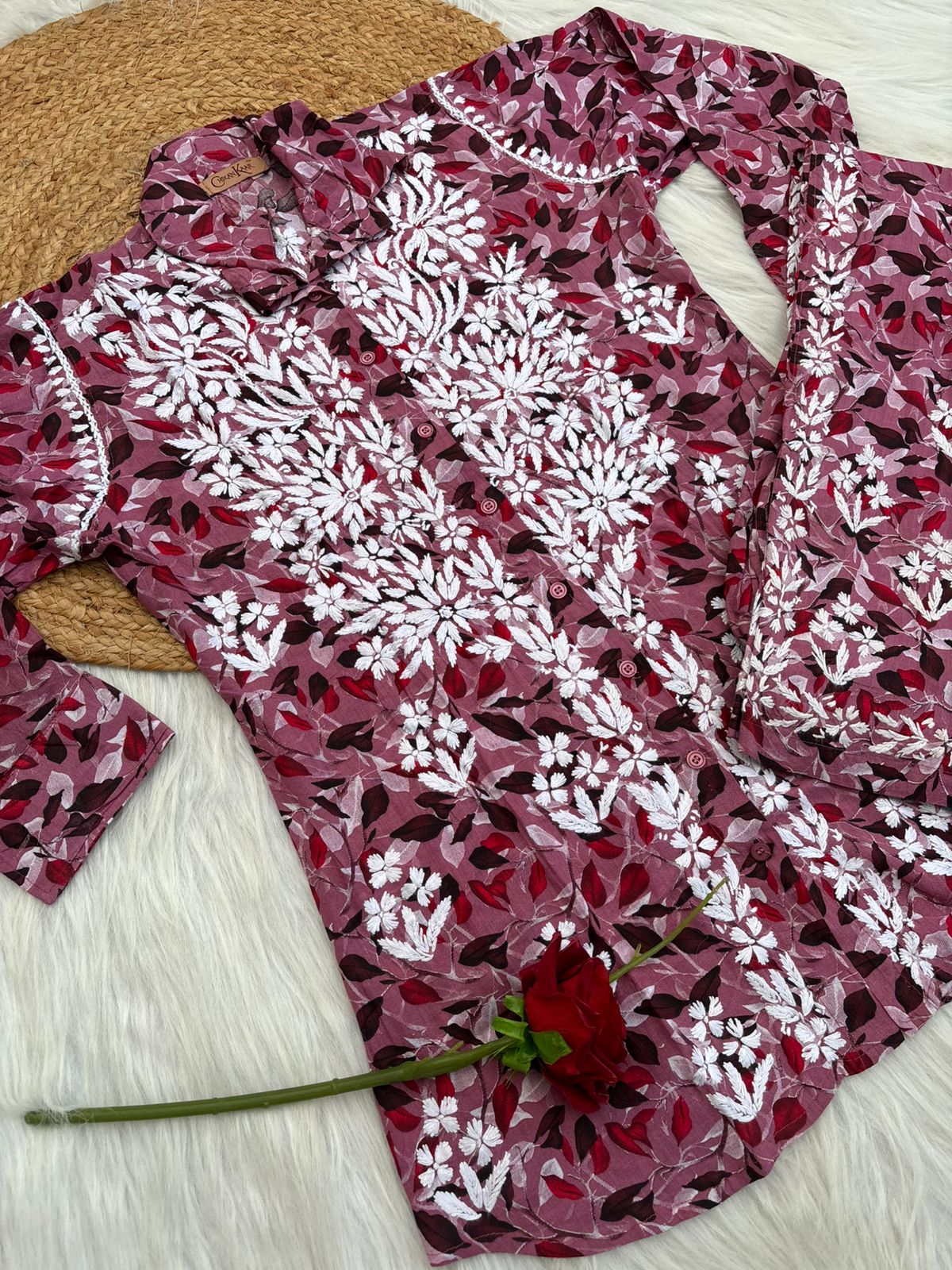 Mulmul Cotton Lucknowi Chikankari Coord Set - Cherry Colour