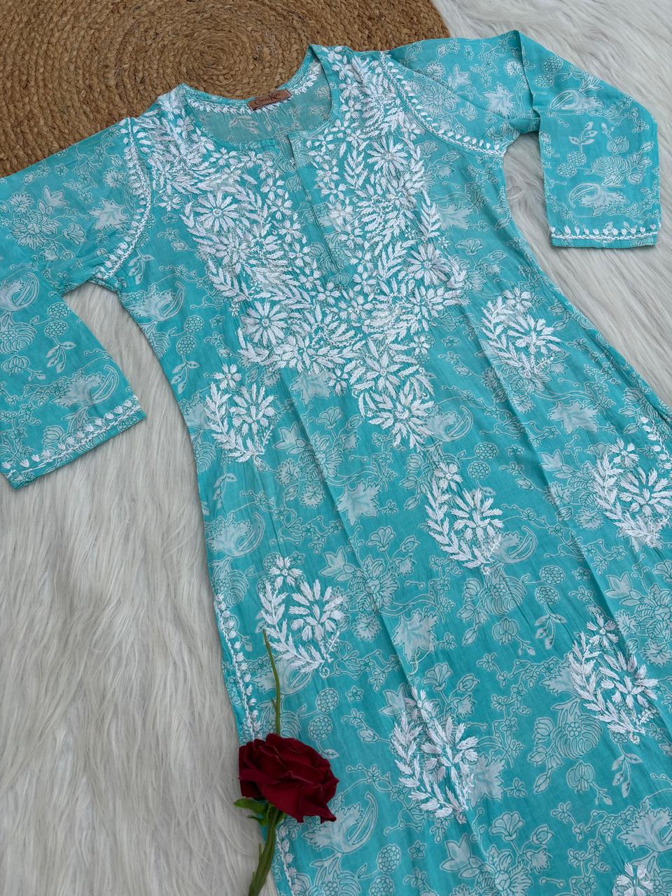 Sameera Pure Mulmul Chikankari Handwork Kurti - Blue Colour