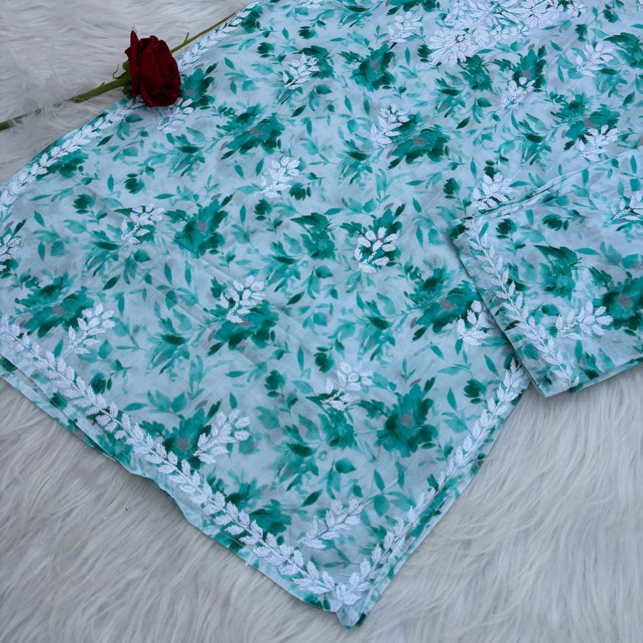 Aaliyah Mulmul Cotton Chikankari Kurti Set -Sea Green Colour