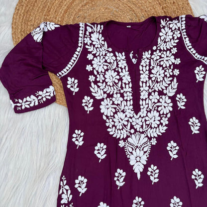 Maysa Soft Rayon Handwork Chikankari Kurti - Wine Colour