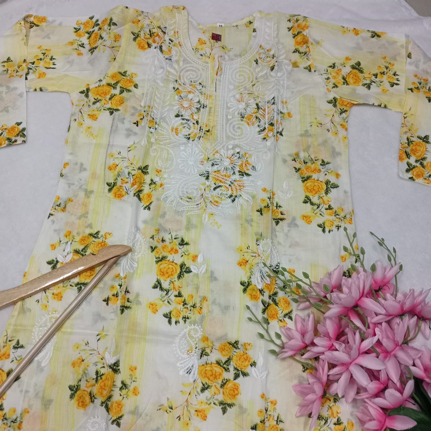 Mulmul Cotton Chikankari Machine Work Kurti -Yellow Colour