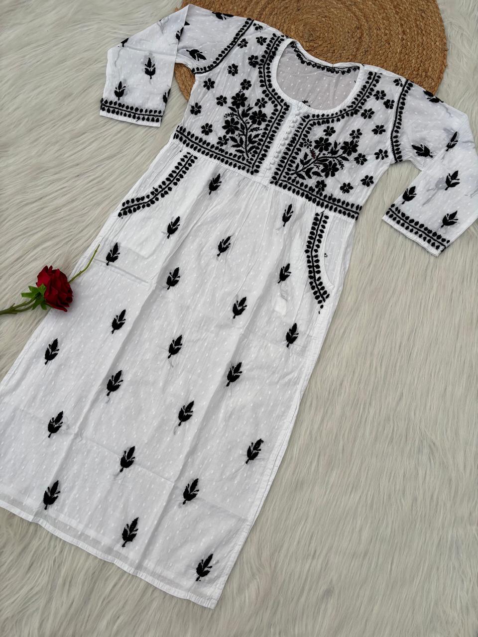 Sonakshi Soft Cotton Lucknowi Chikankari Handwork Kurti (With Pockets) - White Black Color