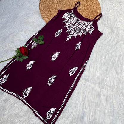 Safa Rayon Chikankari Noodle Strap Short Kurti -  Wine colour (Length - 38")