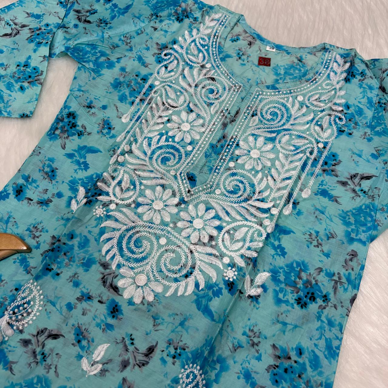 Mulmul Cotton Chikankari Machine Work Kurti - Sky Blue Colour