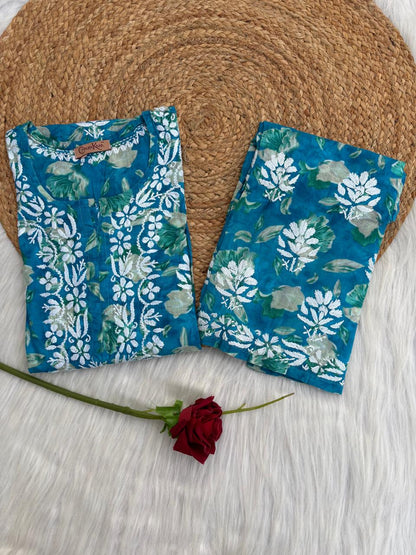 Elena Mulmul Cotton Handwork Chikankari Kurti Set - Blue Colour