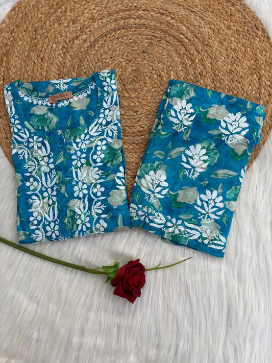 Elena Mulmul Cotton Handwork Chikankari Kurti Set - Blue Colour