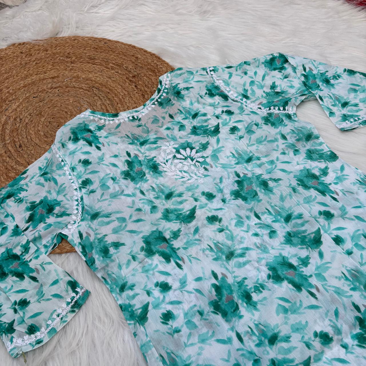 Amara Pure Mulmul Chikankari  Handwork Kurti -Sea Green Colour