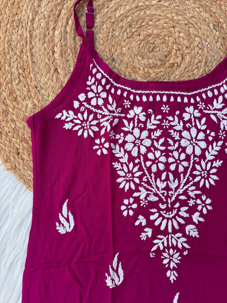 Ayla Rayon Handwork Chikankari Noodle Strap Short Kurti - Wine Colour