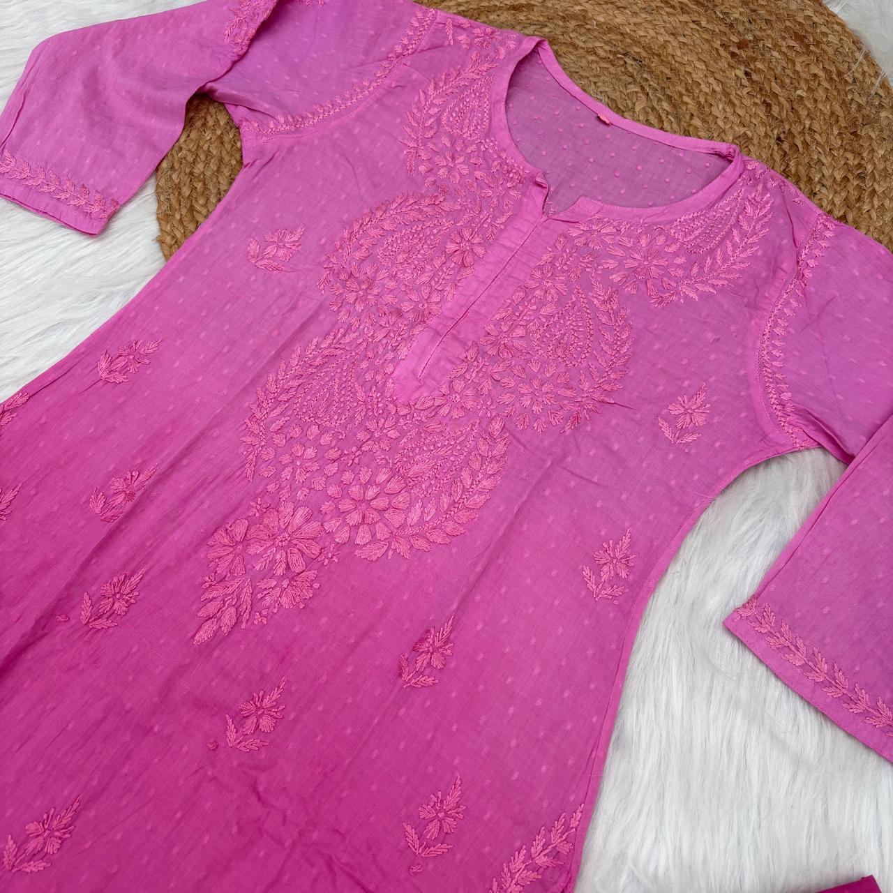 Nuha Dobby cotton Ombre shaded Lucknowi Chikankari Kurti Plazo Set - Pink Colour