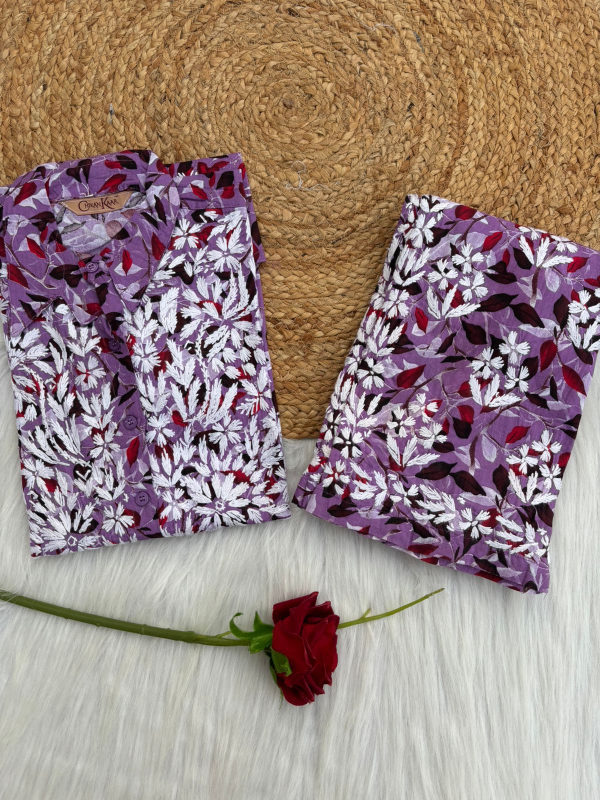 Mulmul Cotton Lucknowi Chikankari Coord Set - Lavender Colour