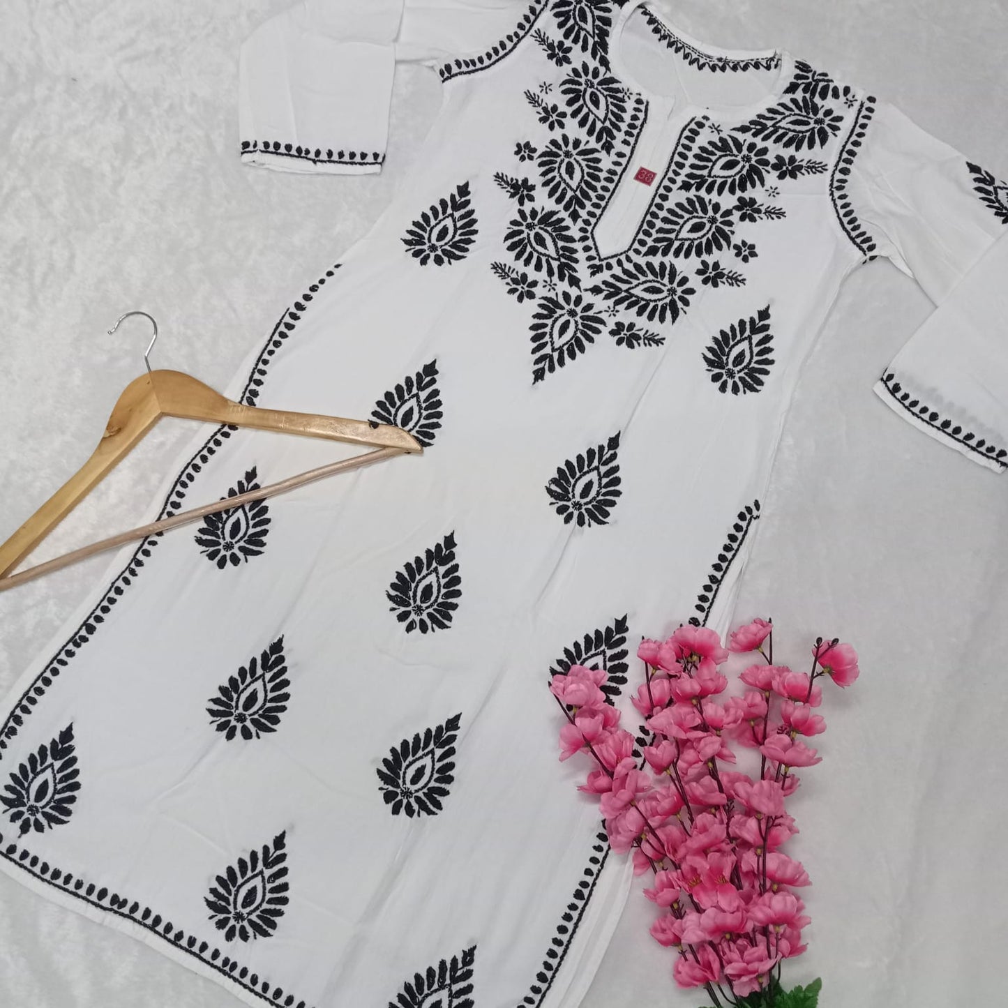 Ghazal Chikankari Rayon Straight Kurti - White Black Color