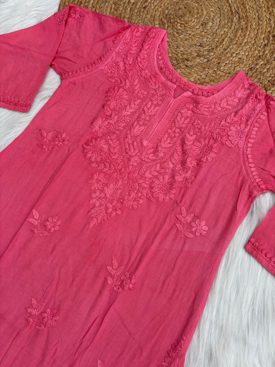 Kiara Dyeable Soft Rayon Handwork Chikankari Kurti - Gazri Colour