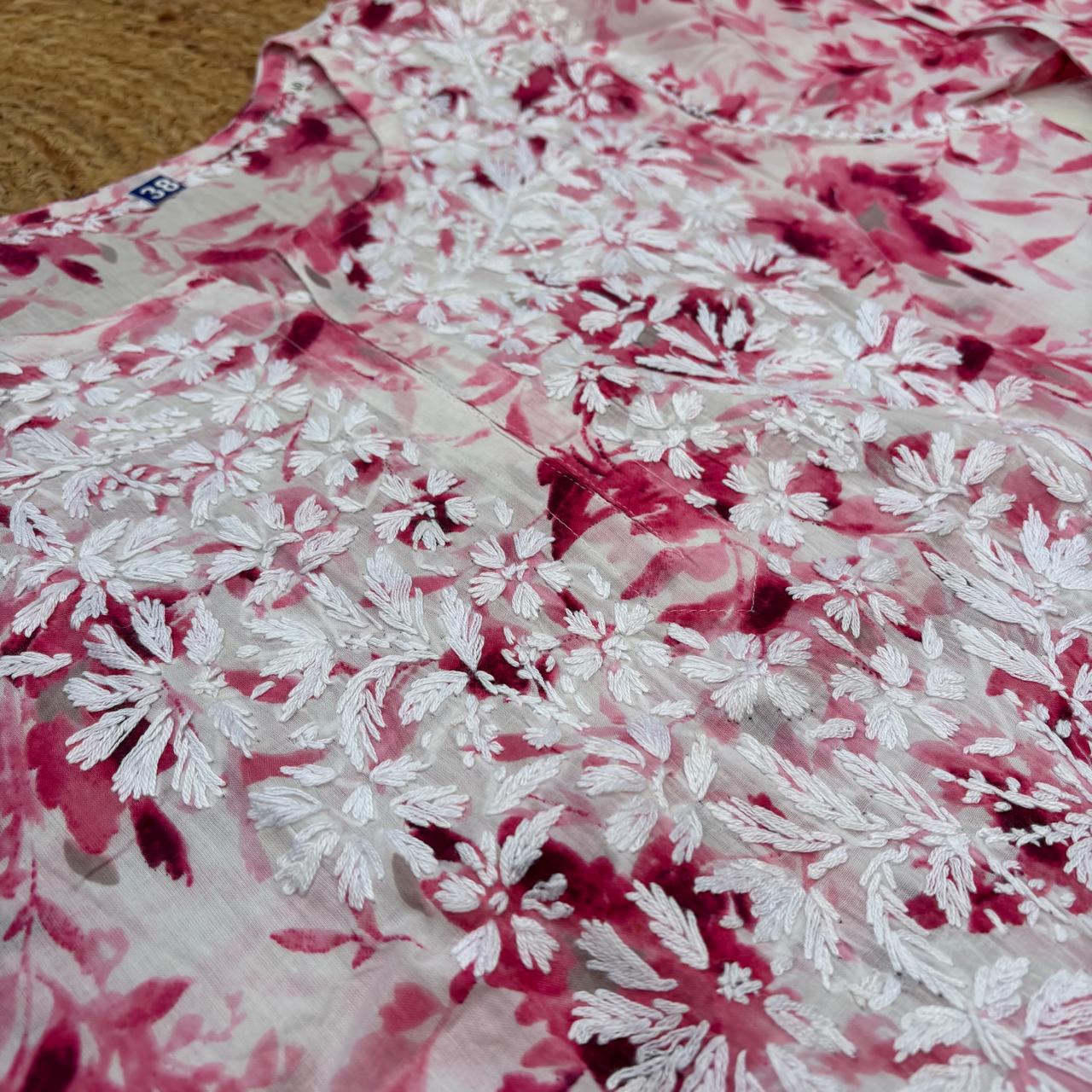 Amara Pure Mulmul Chikankari  Handwork Kurti -Pink Colour