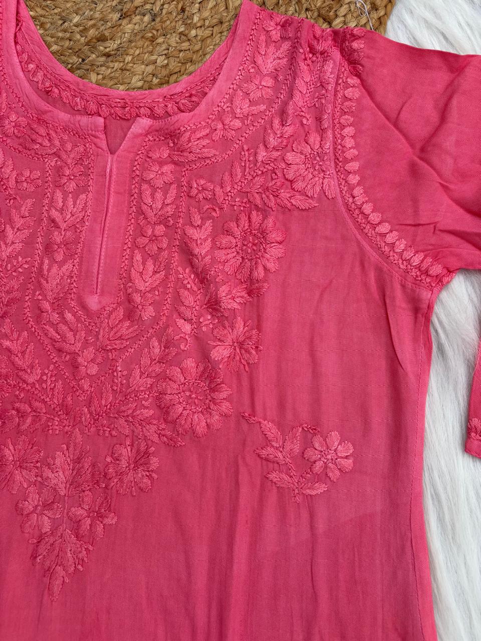 Kiara Dyeable Soft Rayon Handwork Chikankari Kurti - Gazri Colour