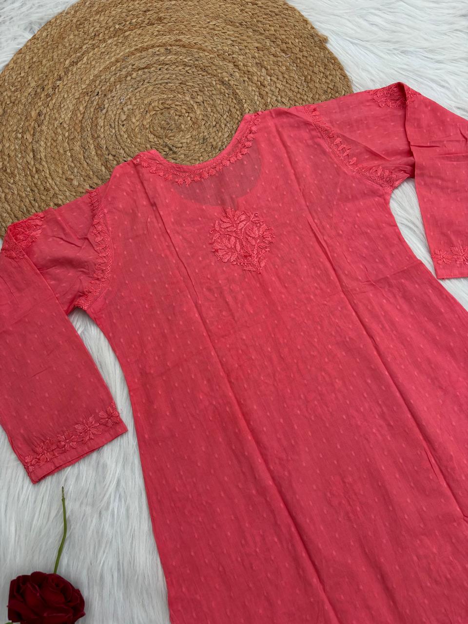 Ziva Soft Dobby Cotton Lucknowi Handwork Chikankari Short Kurti - Gazri Colour