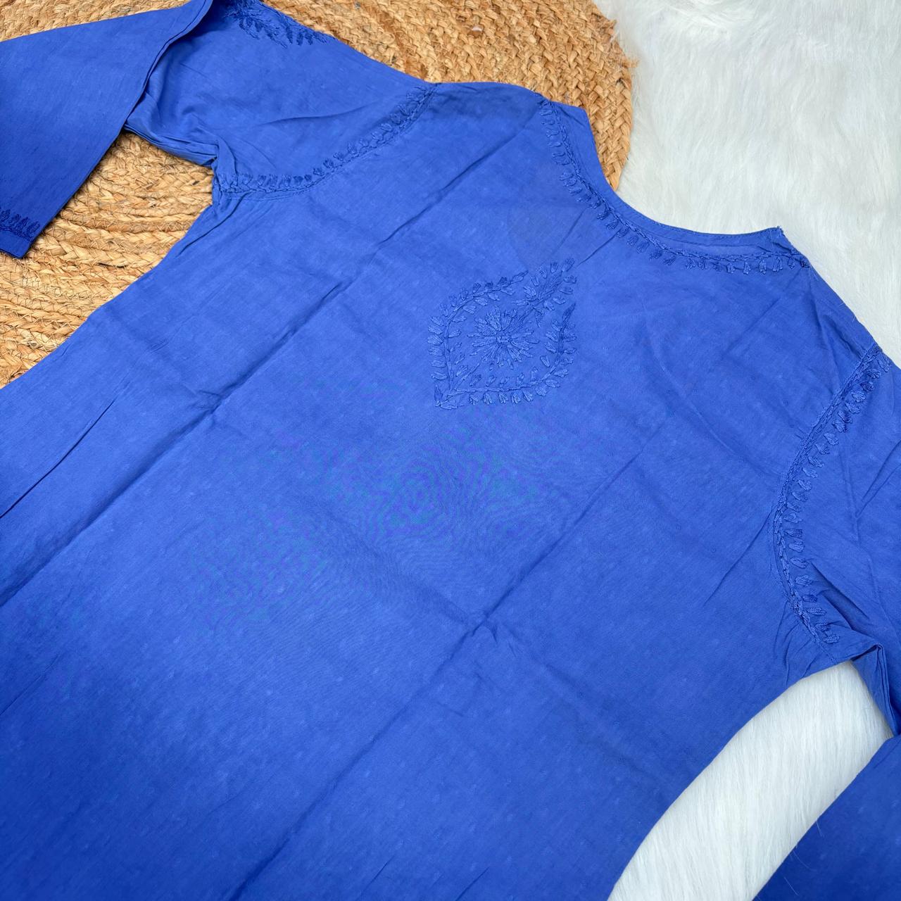 Tuba Ombre Shaded Dobby Cotton Chikankari Kurti - Royal Blue Colour