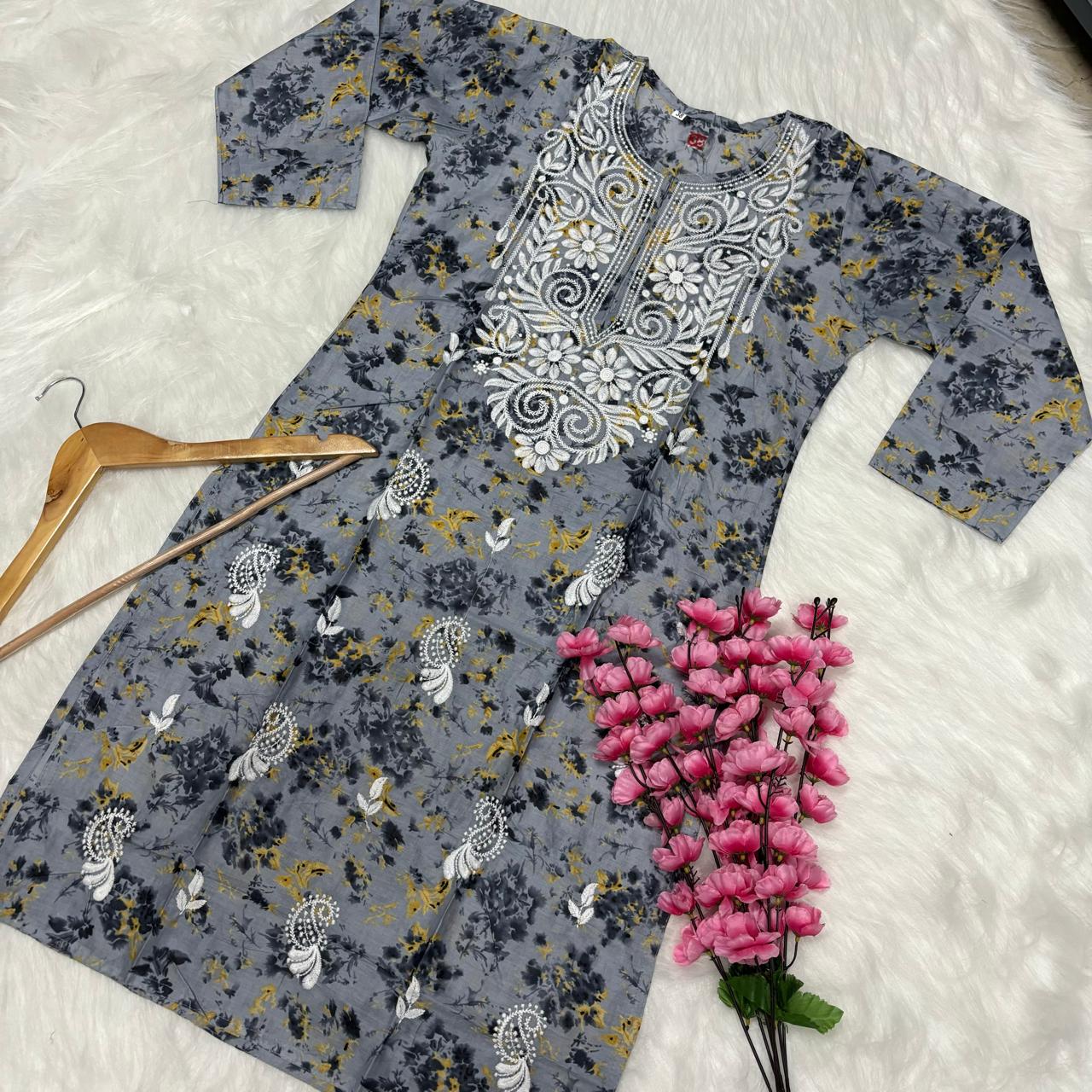 Mulmul Cotton Chikankari Machine Work Kurti - Grey Colour