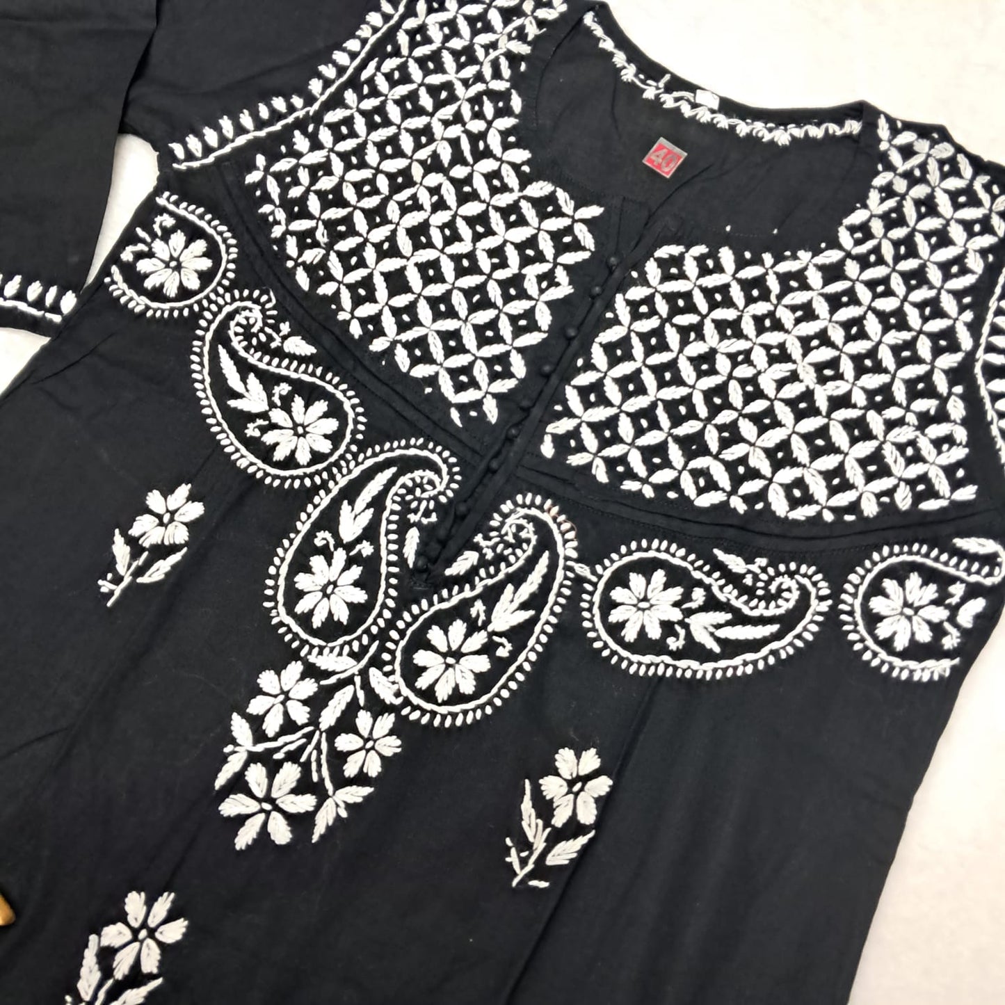 Adiva Pure Cotton Chikankari Handwork Kurti - Black Colour