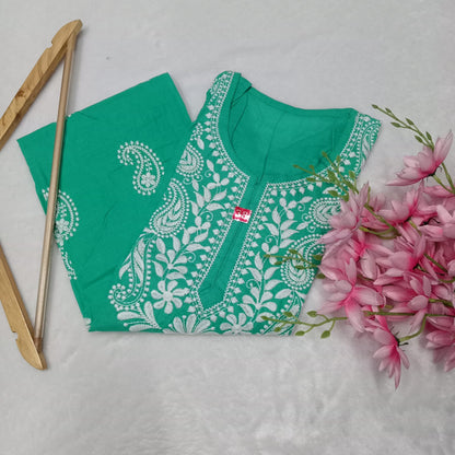 Cotton Machine Work Chikankari Kurti -Sea Green Colour