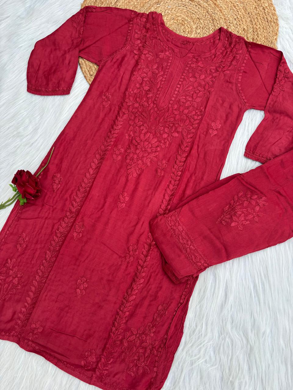 Nadia Muslin Lucknowi Chikankari Kurti Pant Set -  Brick Red Color