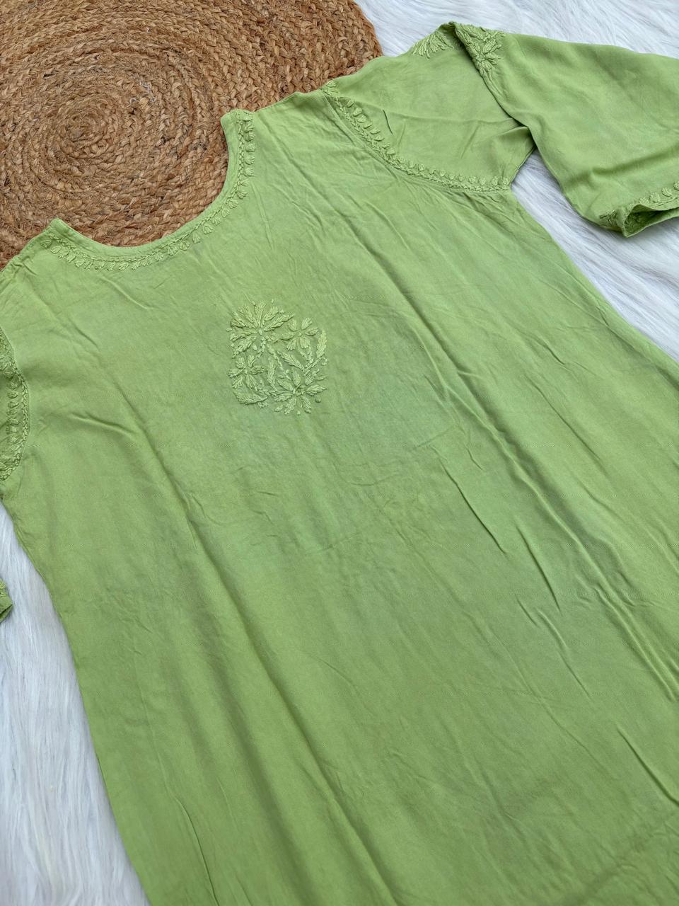 Kiara Dyeable Soft Rayon Handwork Chikankari Kurti - Green Colour