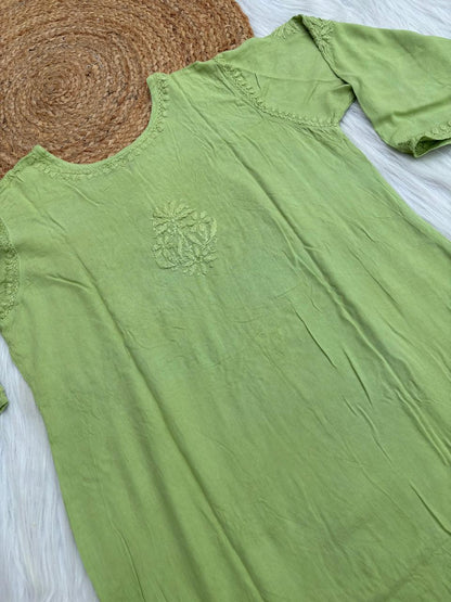 Kiara Dyeable Soft Rayon Handwork Chikankari Kurti - Green Colour