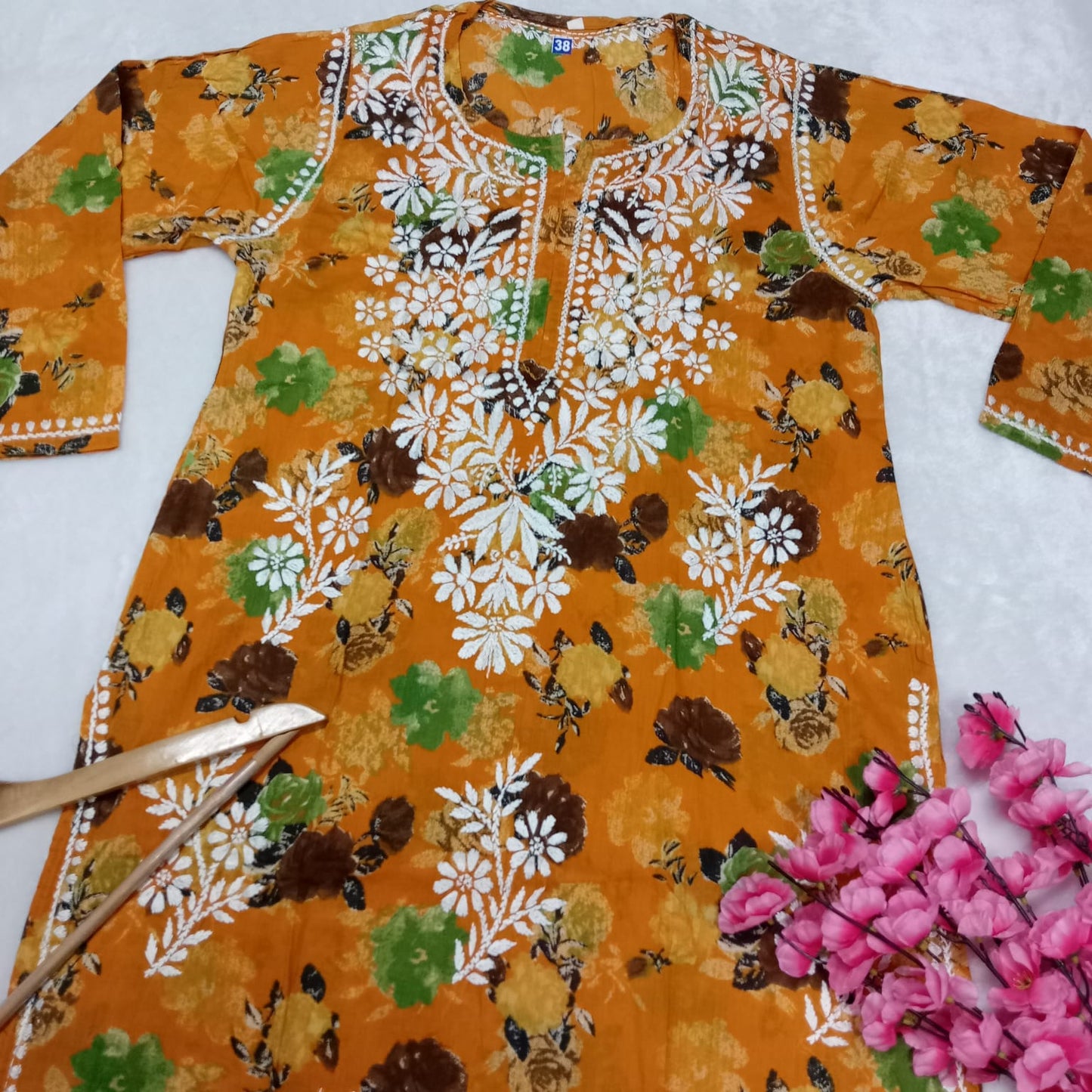 Dhanashree Inspired Mulmul Floral Printed Chikankari Handwork Kurti - Mustard Colour