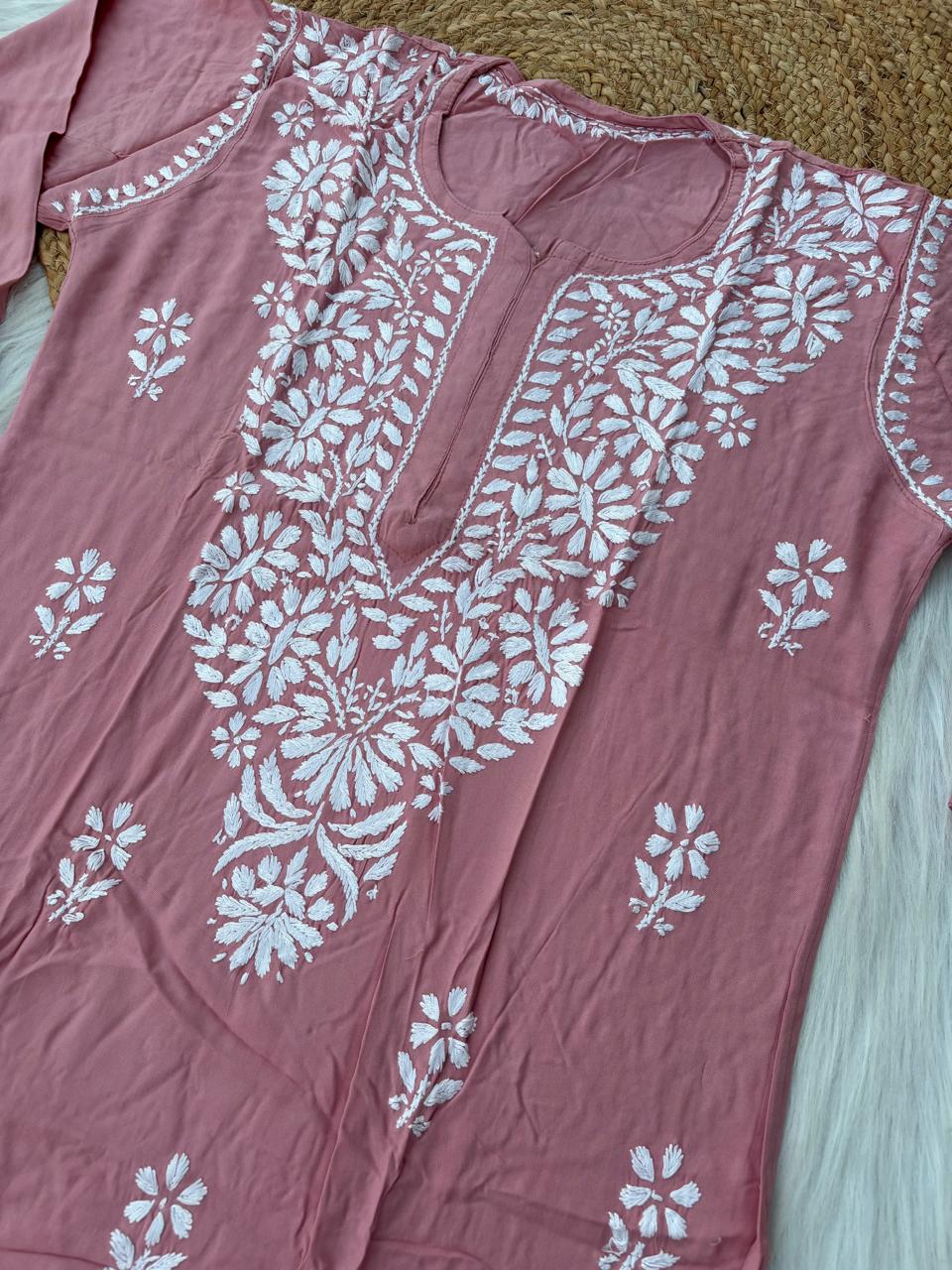 Hiba Soft Rayon Handwork Chikankari Kurti - Peach Colour