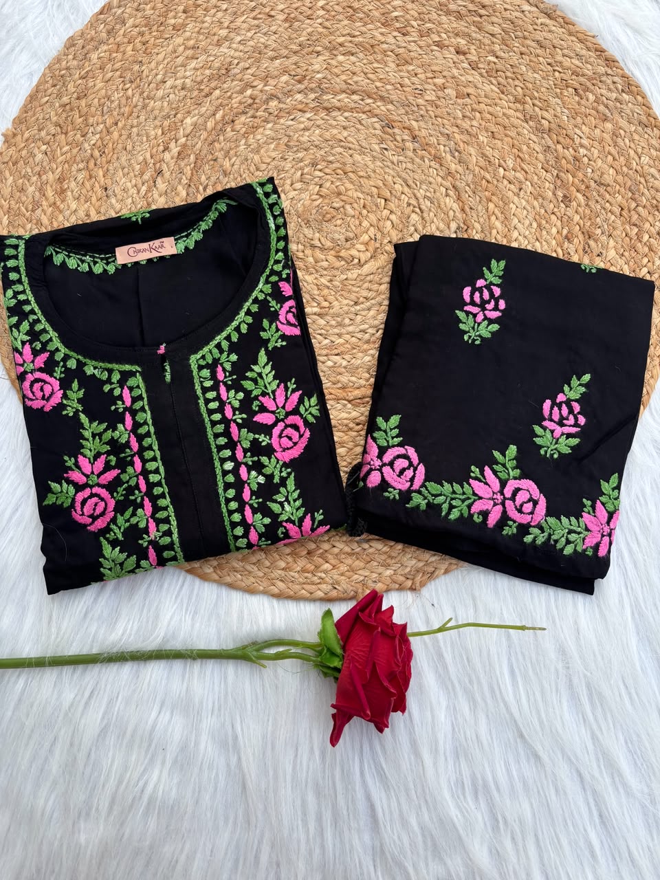 Sabah Rayon Handwork Chikankari Kurti Set - Pink Colour