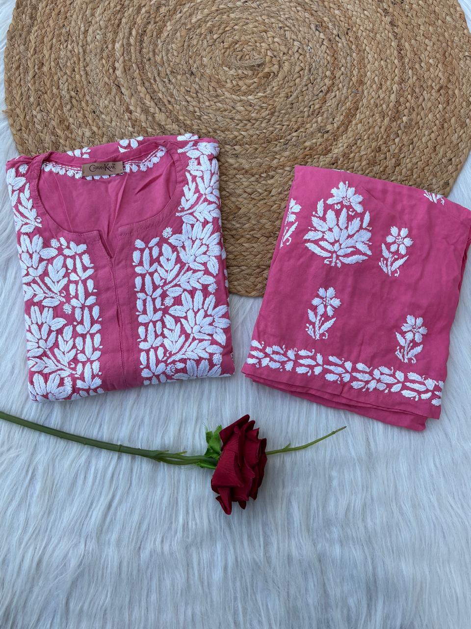 Samara Rayon Handwork Chikankari Kurti Plazo Set - Dark Pink Colour